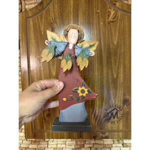Vintage Folk Art Wood & Metal ANGEL - Autumn/Harvest Figure w Pumpkin Leaf Wings